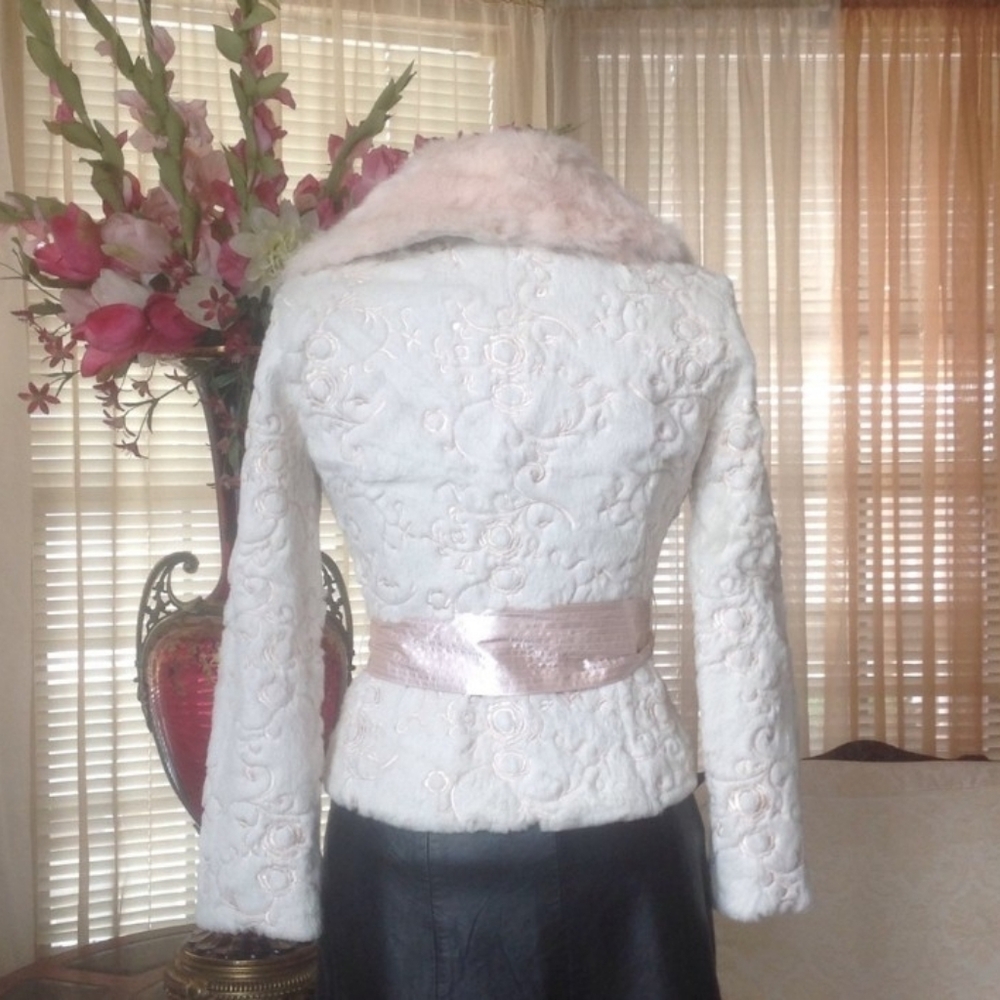 Bebe Rare White and Pink Genuine Rabbit Fur Jacket - Picture 3 of 8